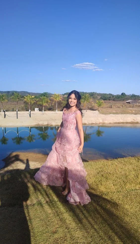 Aimishang Sweet Pink Strapls Lace Tiered Long Prom Dress Evening Gown Charming Wholesale