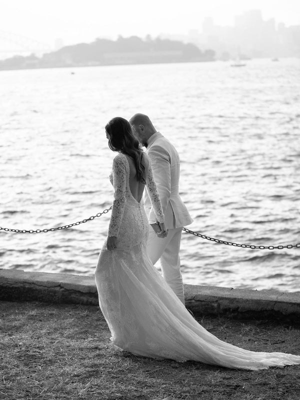 Delicate Lace Bateau Long Sleeves Chapel Train Sheath Wedding Dresses Elegant