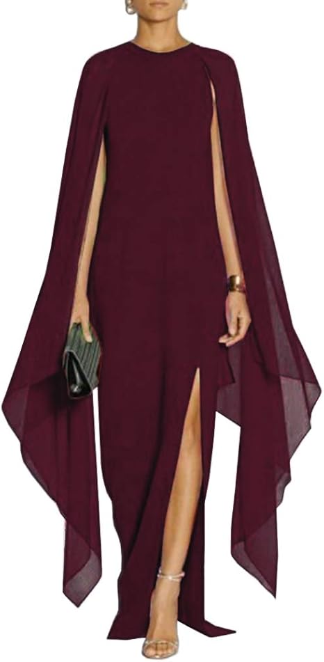 Women's Elegant High Split Flare Sleeve Formal Evening Gowns Maxi Dress Women's Elegant High Split Flare Sleeve Formal Evening Gowns Maxi Dress with Cape Party Dress Wholesale