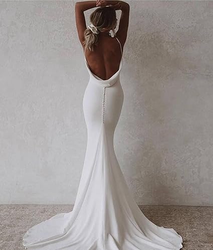 Aimishang Dress Wholesale Elegant V-Neck Mermaid Wedding Dresses for Bride Spaghetti Straps Simple Satin Beach Bridal Gown with Train