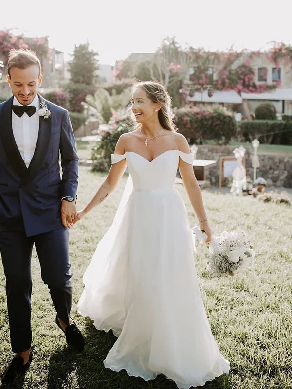 Elegant Sweetheart Off-The-Shoulder Satin Sweep Train Wedding Dresses Chiffon Gowns Simple