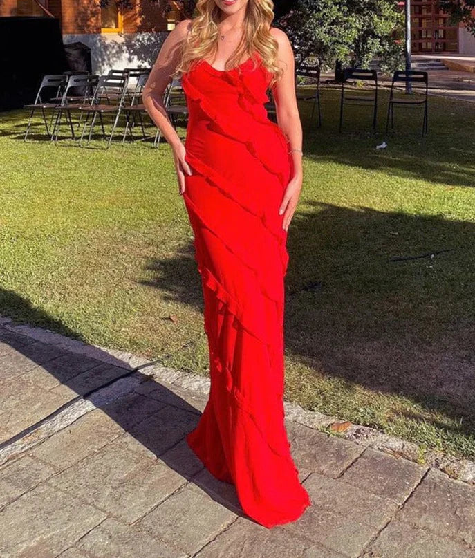 Red Spaghetti Straps Ruffle Mermaid Long Party Dress Wedding Guest Dress Evening Dress Formal Dress