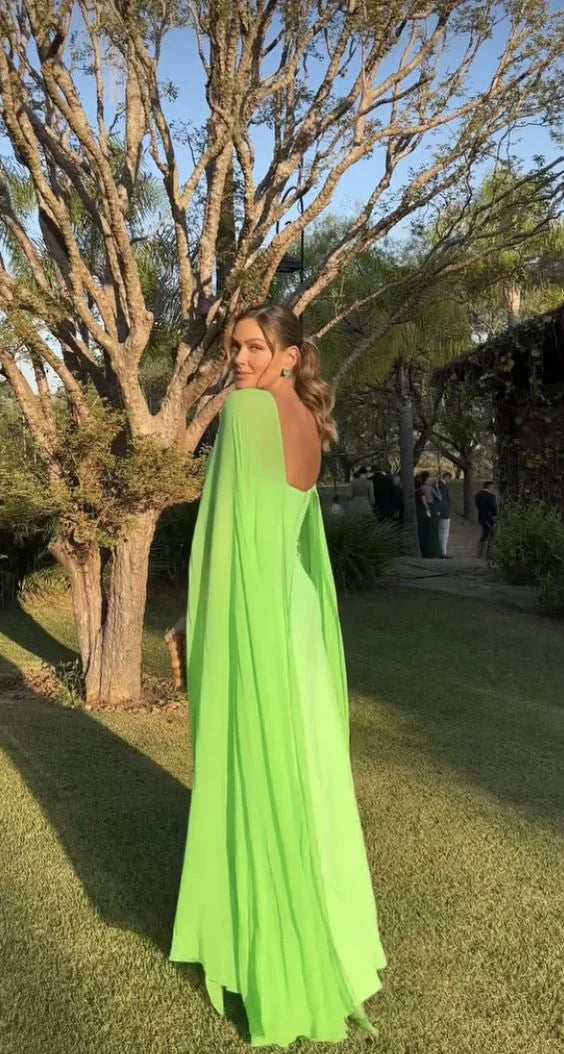 Bright Green A-Line Cape Sleeve Long Prom Dress Party Dress Elegant Evening Dress