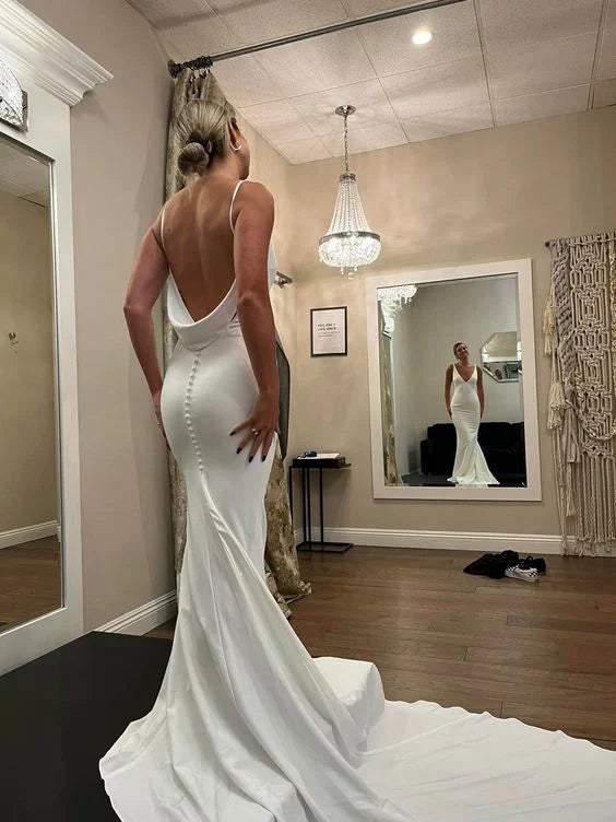 Aimishang Dress Wholesale Elegant V-Neck Mermaid Wedding Dresses for Bride Spaghetti Straps Simple Satin Beach Bridal Gown with Train