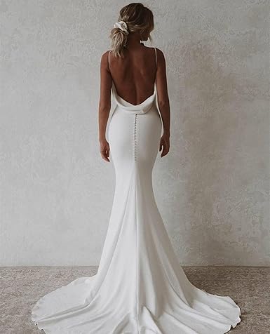 Aimishang Dress Wholesale Elegant V-Neck Mermaid Wedding Dresses for Bride Spaghetti Straps Simple Satin Beach Bridal Gown with Train