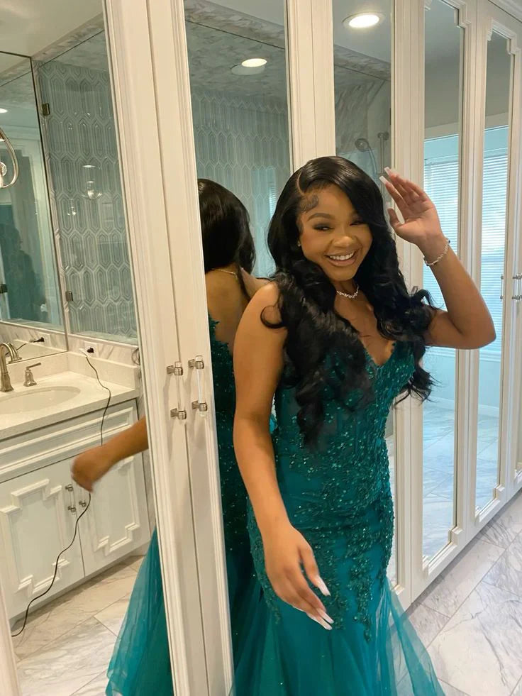 Wholesale Dark Green Mermaid Tulle Lace Prom Dress Winter Formal Gown Charming Evening Dress