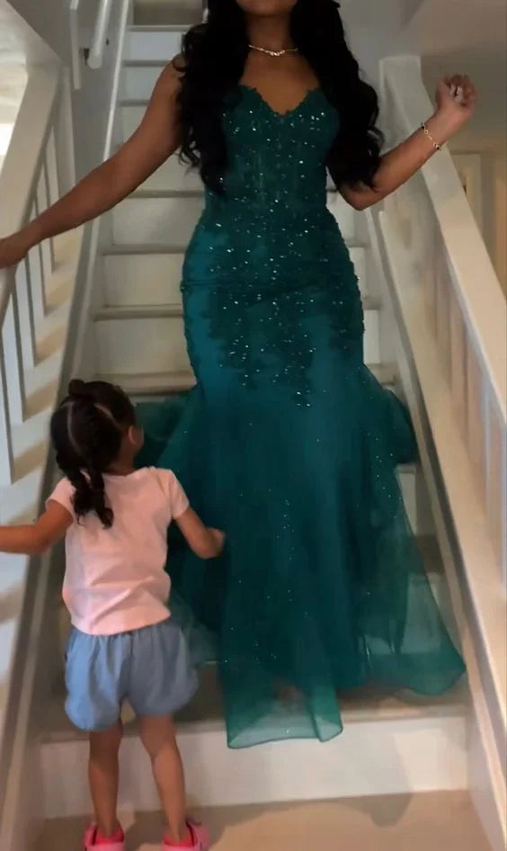 Wholesale Dark Green Mermaid Tulle Lace Prom Dress Winter Formal Gown Charming Evening Dress