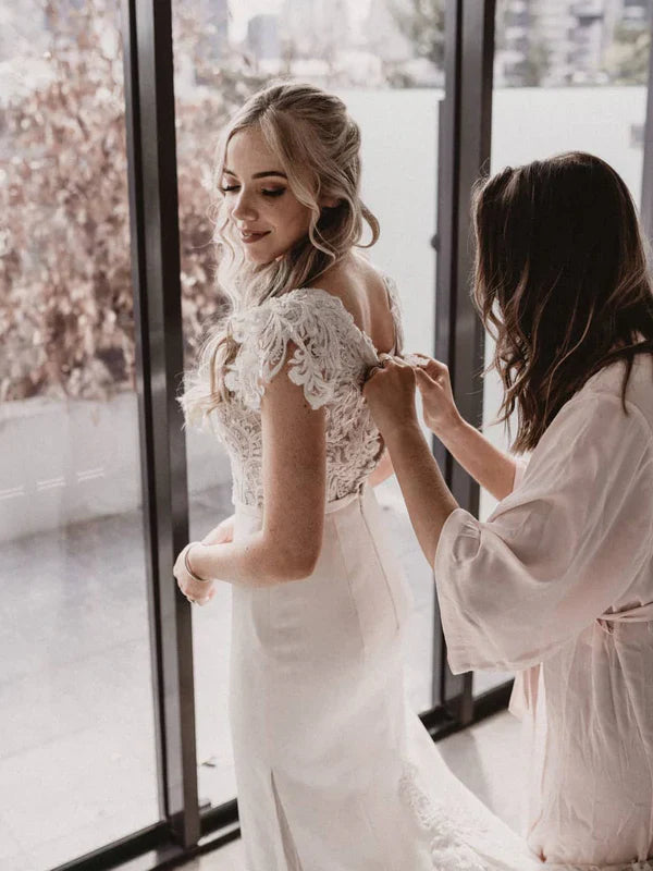 Exquisite Sheath Satin Wedding dresses Lace With Sequins Beads Bridal Gowns Elegant