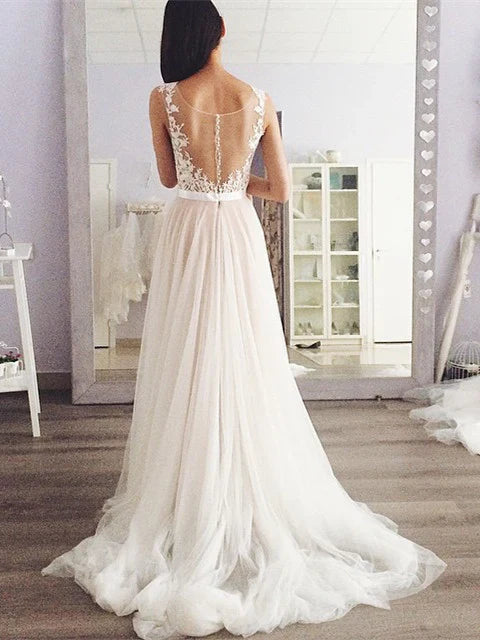 Marvelous Tulle A-line Illusion Appliques Wedding Dresses Elegant Handmade Wholesale