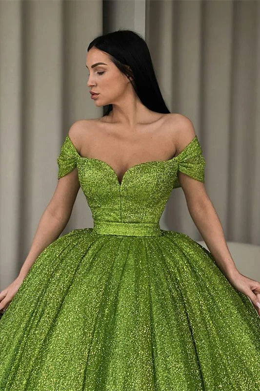 Green Off The Shoulder Ball Gown Evening Dress With Sequins Sparkly Prom Dress Sexy