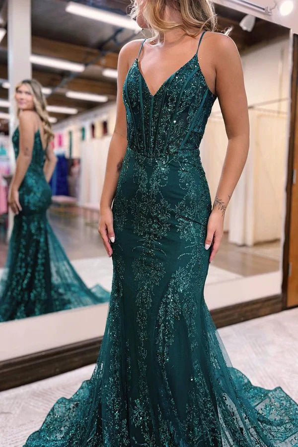 Sequins A Line Evening Dress With Appliques And Spaghetti Straps Sparkly Prom Dress