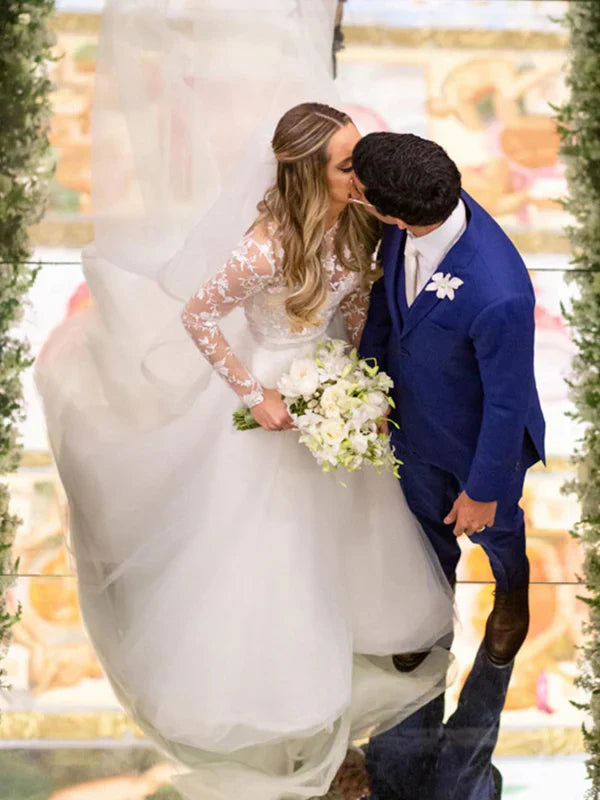 Floral Lace Illusion Long Sleeves Tulle Bridal Dress A Line Wedding Dress Elegant Wholesale