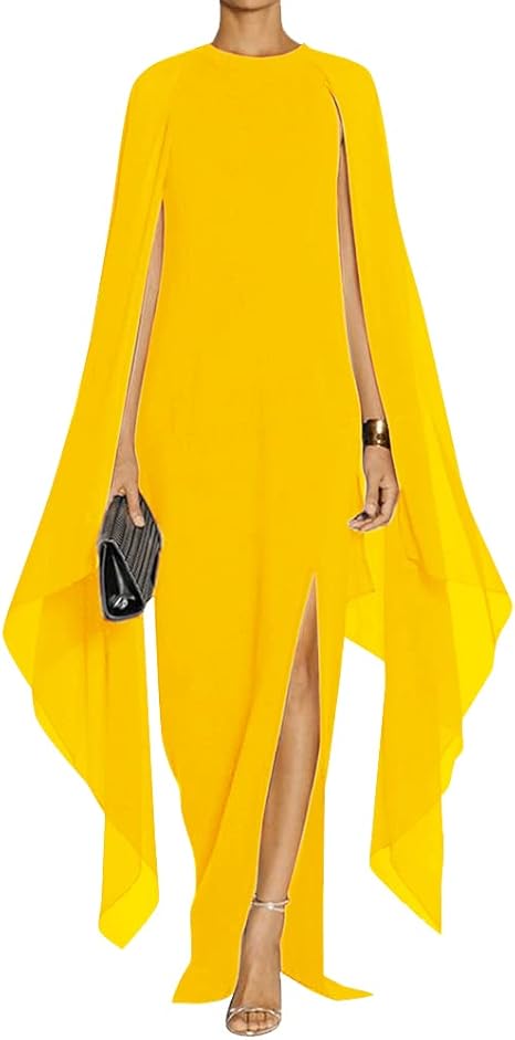 Women's Elegant High Split Flare Sleeve Formal Evening Gowns Maxi Dress Women's Elegant High Split Flare Sleeve Formal Evening Gowns Maxi Dress with Cape Party Dress Wholesale