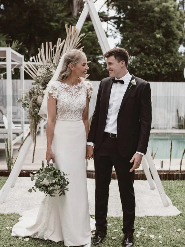 Exquisite Sheath Satin Wedding dresses Lace With Sequins Beads Bridal Gowns Elegant