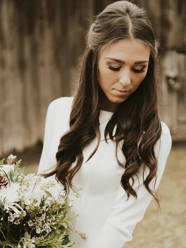 Simple Longsleeves Backless Satin Wedding Dresses Mermaid Bridal Gowns Elegant