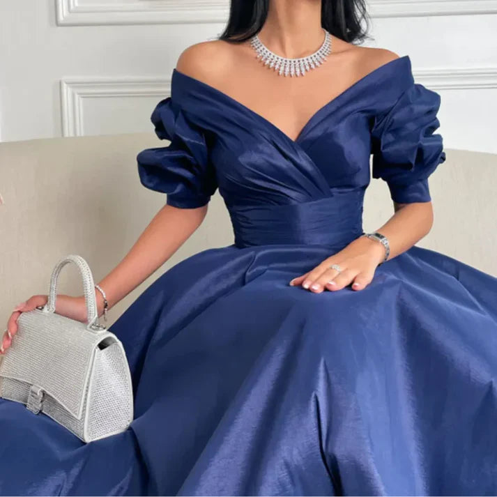 Elegant Navy Blue Off Shoulder A-Line Long Prom Dress Short Sleeves Charming Evening Dress Wholesale