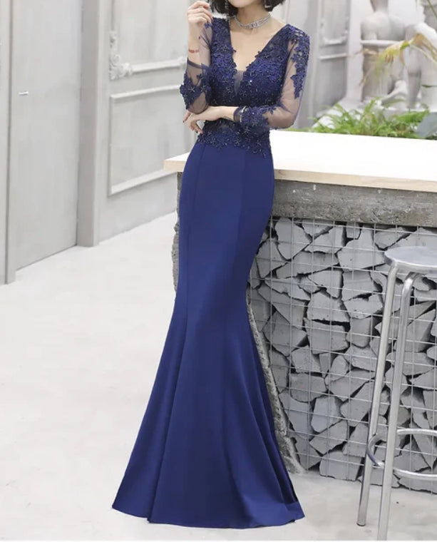 Green Long Sleeves Appliques Mermaid Formal Prom Dress Elegant Evening Dress Wholesale