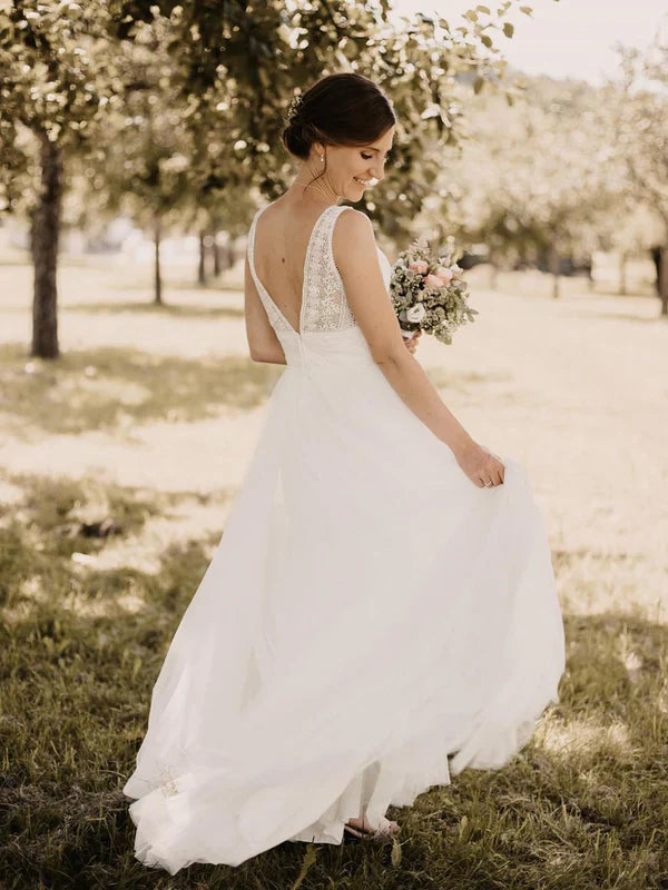 Simple Chiffon V-Neck A-line Sweep Train Wedding Dresses Backless Bridal Gowns Elegant