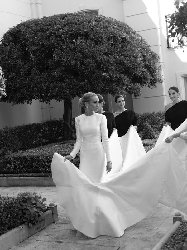 Grace Satin Long Sleeves Chapel Train Backless Mermaid Wedding Dress Simple Elegant