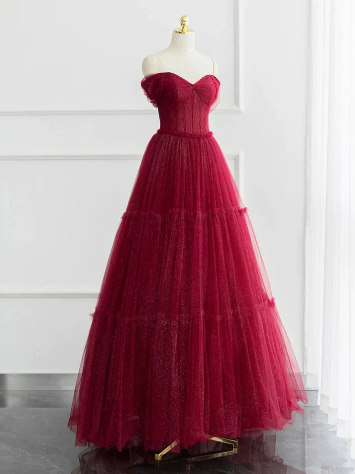 Burgundy A-line Off Shoulder Tulle Shiny Long Prom Dress Charming Evening Dress Wholesale