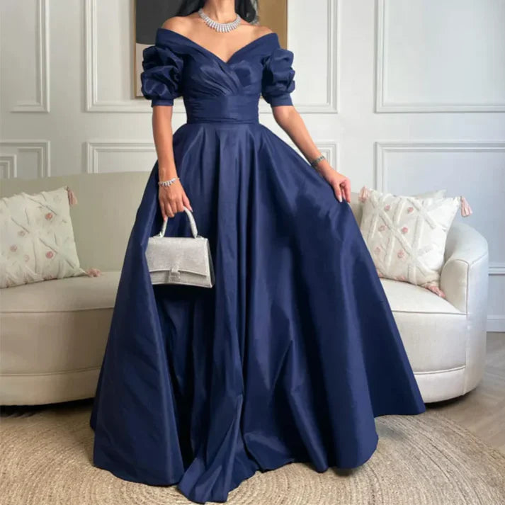 Elegant Navy Blue Off Shoulder A-Line Long Prom Dress Short Sleeves Charming Evening Dress Wholesale