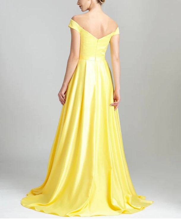 Simple Satin A-line Prom Dresses With Cap Sleeves And Slit Off Shoulder Elegant Evening Dress Wholesale