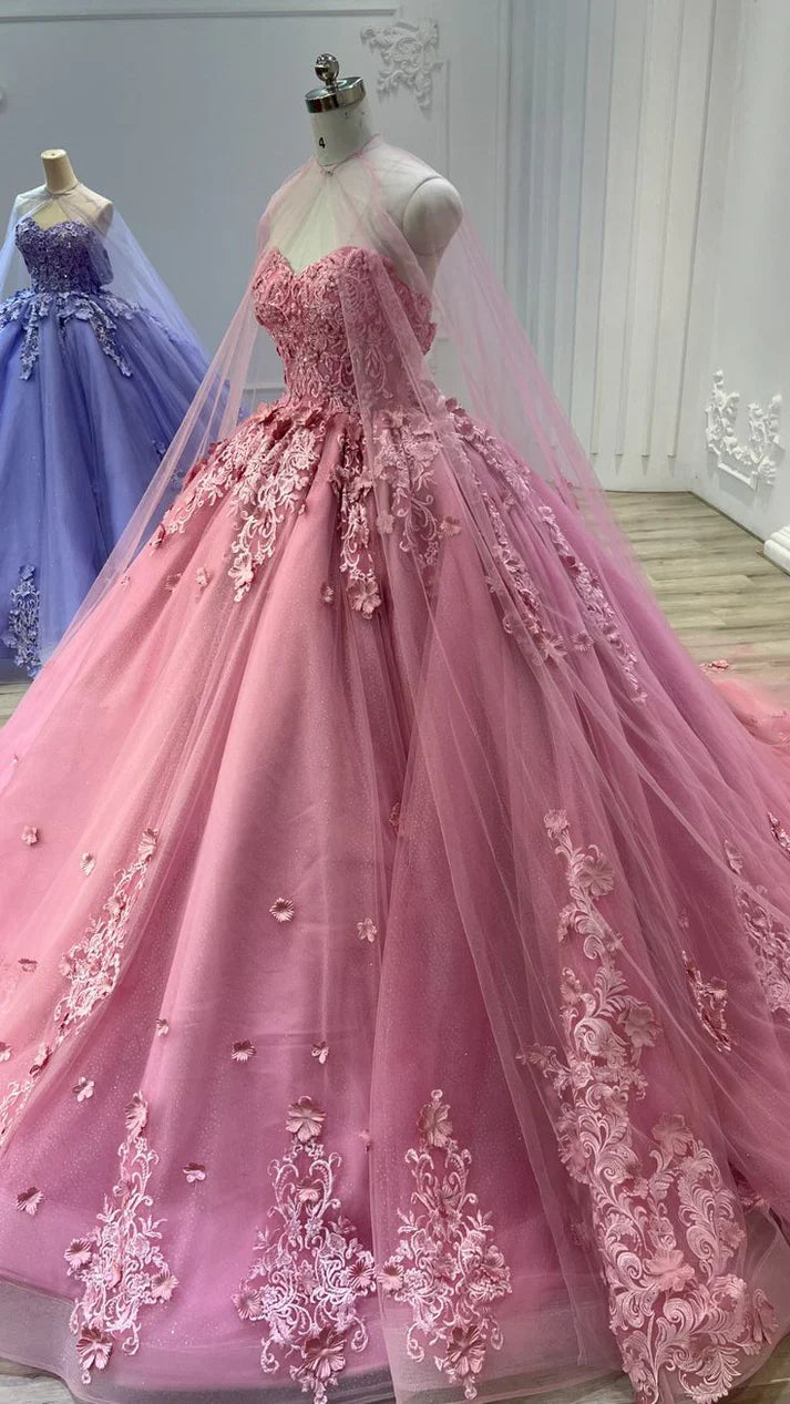 Aimishang Pink Sweetheart Tulle Appliques Ball Gowns Quinceanera Dress with Cape Prom Dress Beautiful Wholesale