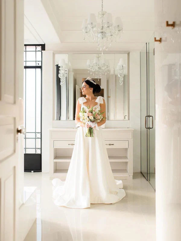 A Line Satin Wedding Gown Sweetheart Neck Wedding Dress With Bowtie Straps Solid Color