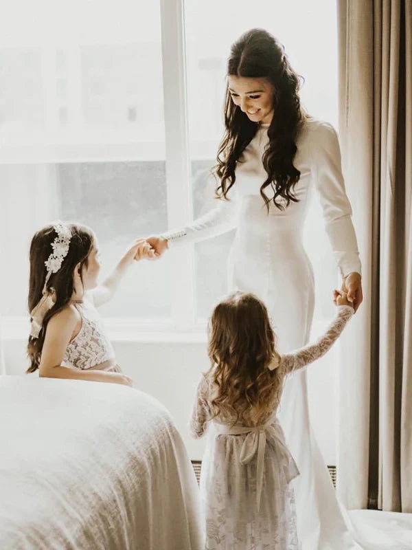 Simple Longsleeves Backless Satin Wedding Dresses Mermaid Bridal Gowns Elegant