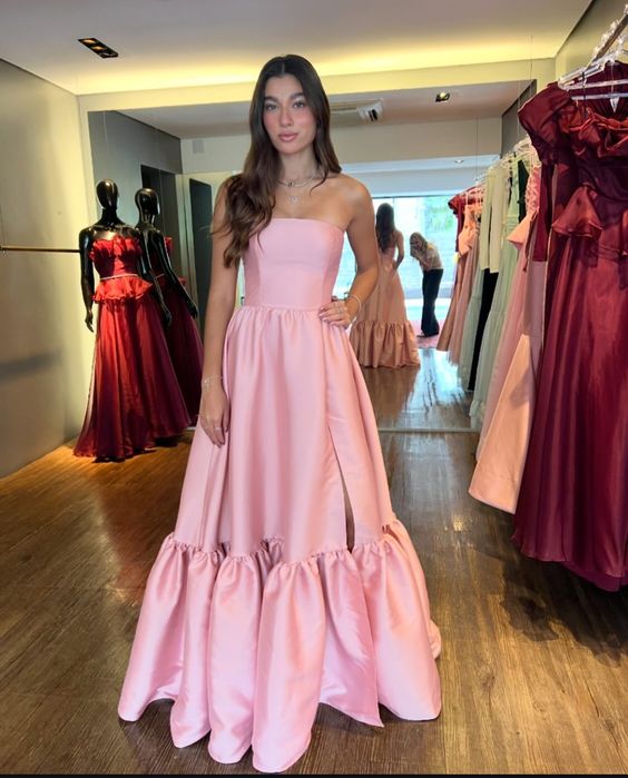 Aimishang Dress Wholesale Elegant Pink Satin Strapless Evening Dress Women A-Line Prom Dress Simple Formal Party Dress