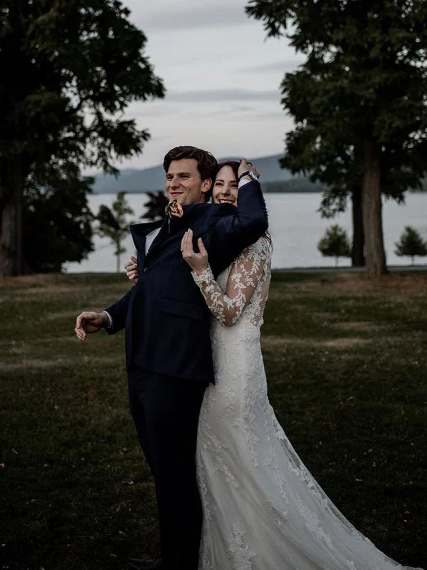 Dreamy Lace Sweetheart Neckline Long Seleeve Mermaid Wedding Dresses Elegant