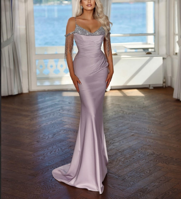Aimishang Elegant Lavender Long Evening Dress Spaghetti Strap With Pleated Sequins Tassel Sexy Wholesale