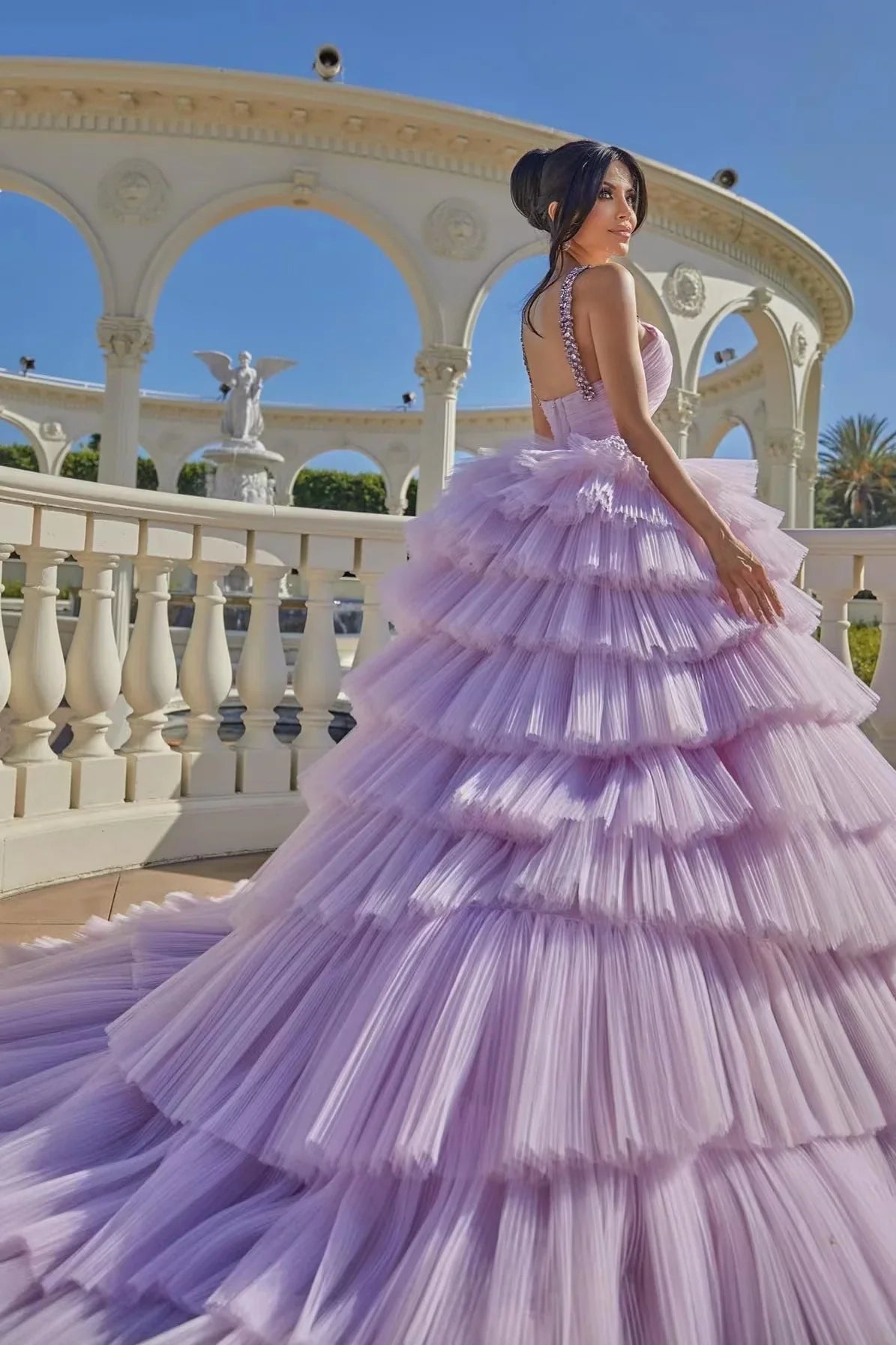 Lilac Ball Gown Evening Dress Sleeveless With Tulle Layered And Beads Prom Dress