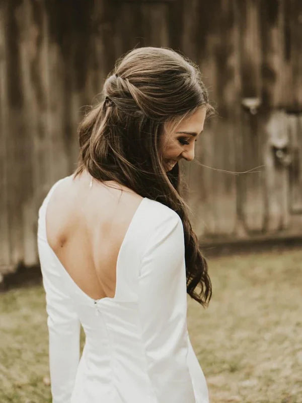 Simple Longsleeves Backless Satin Wedding Dresses Mermaid Bridal Gowns Elegant