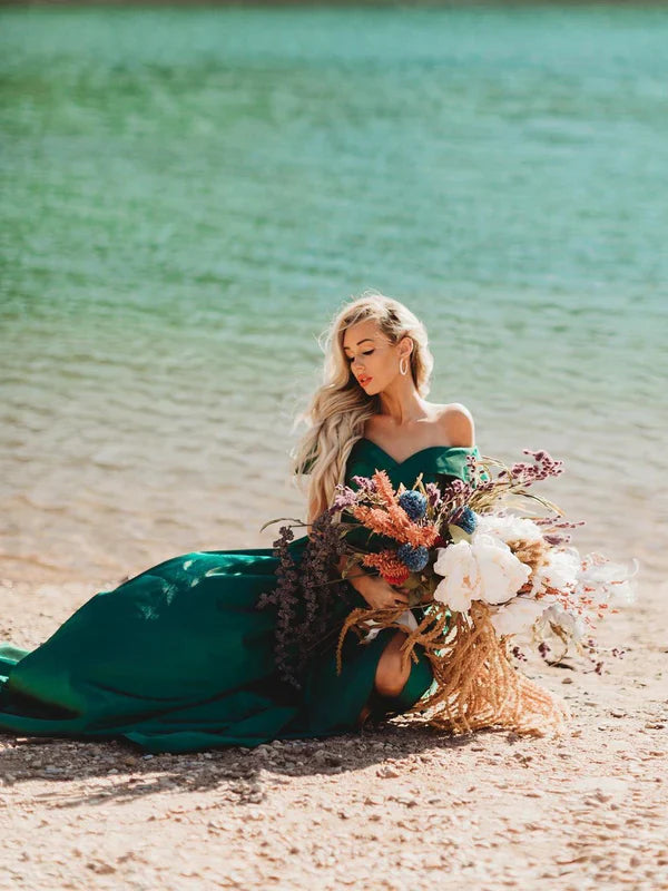 Beautiful Satin A-line Long Prom Dresses Off-the-shoulder Sexy Gowns With Slit Evening Dresses Wholesale