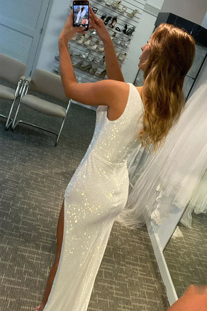 Wholesale One-Shoulder Simple White Evening Dress Charming Prom Dress Party Dress With Slit