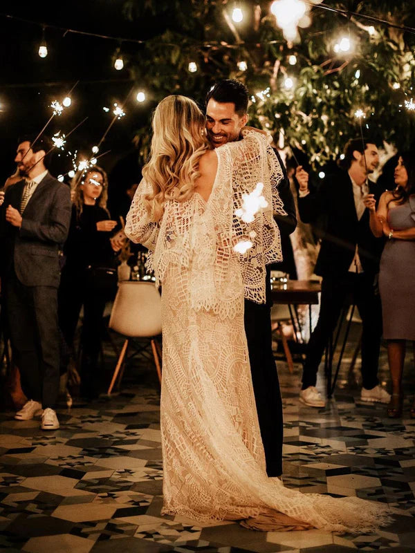 Wonderful Deep V-neck Lace Bat Sleeve Wedding Dresses With Sweep Train Sexy Charming