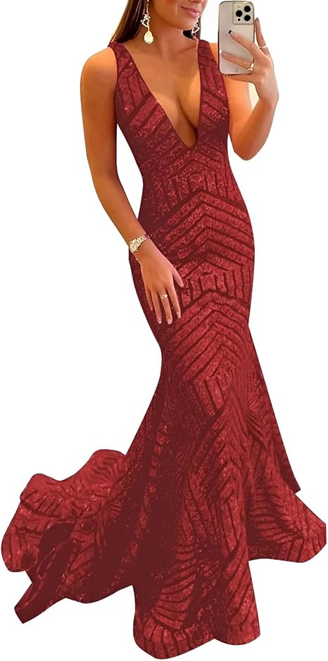 Aimishang Dress Wholesale Sequin Mermaid Prom Dresses Long Sparkly Evening Gown Deep V Neck Backless Formal Party Gowns