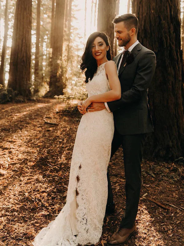 Elegant Slit Lace wedding Dresses Sleeveless Long Backless Bridal Gowns Beautiful