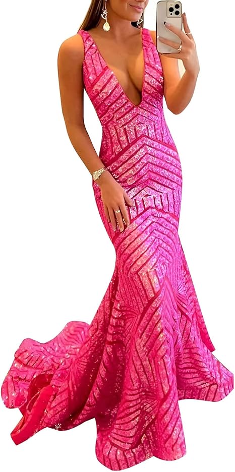 Aimishang Dress Wholesale Sequin Mermaid Prom Dresses Long Sparkly Evening Gown Deep V Neck Backless Formal Party Gowns