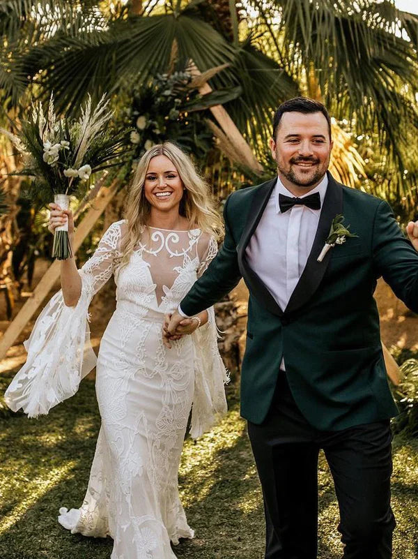 Chic Tassels Long Sleeves Illusion Backless Lace Wedding Dresses Floor Length Beautiful