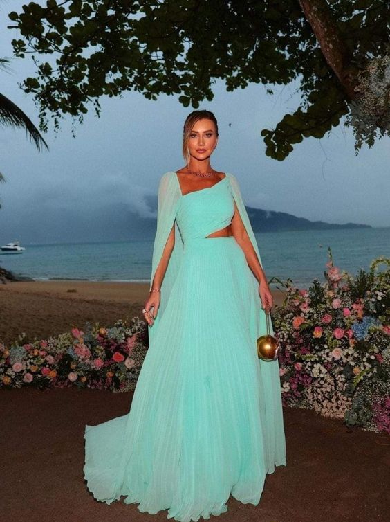 Aimishang Dress Wholesale Elegant Mint Green Chiffon Prom Dress A-Line Long Cape Sleeves Floor Length Formal Evening Party Gowns