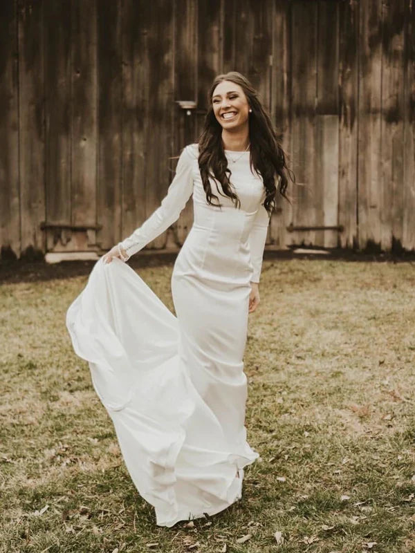 Simple Longsleeves Backless Satin Wedding Dresses Mermaid Bridal Gowns Elegant