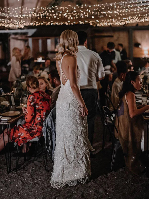 Sexy Sequin Wavy beaded lace Backless Halter Neckline Floor-length Train Wedding Dresses Elegant