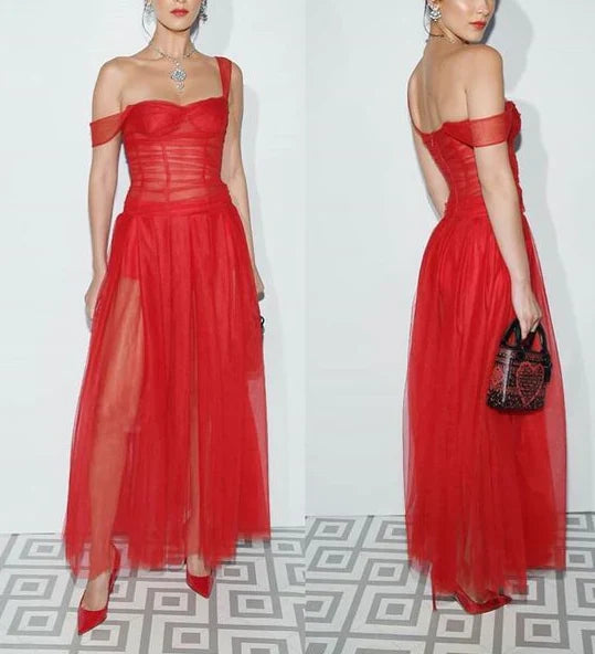 Sexy Red A-Line Organza See Through Long Prom Dress Evening Party Dress Wholesale