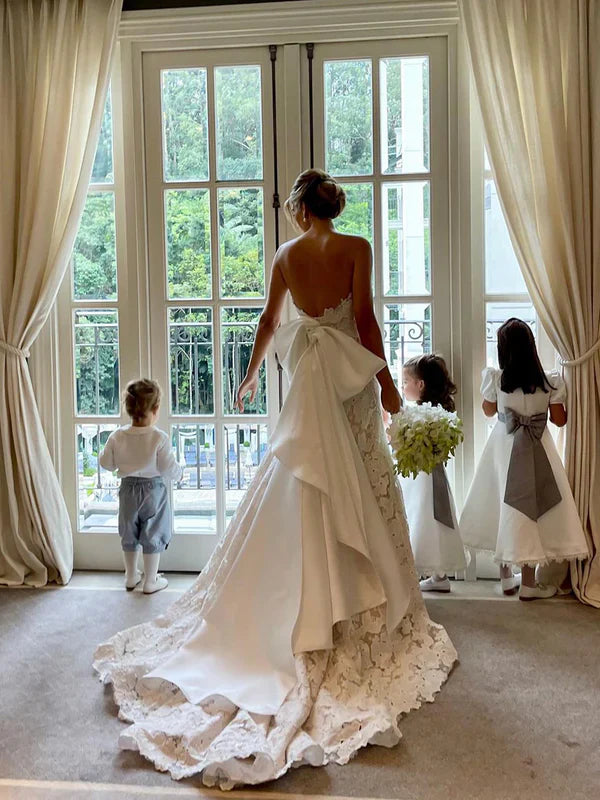 Floral Lace Strapless A Line Wedding Dress with Satin Bowtie Boho Wedding Gown Off Shoulder Elegant