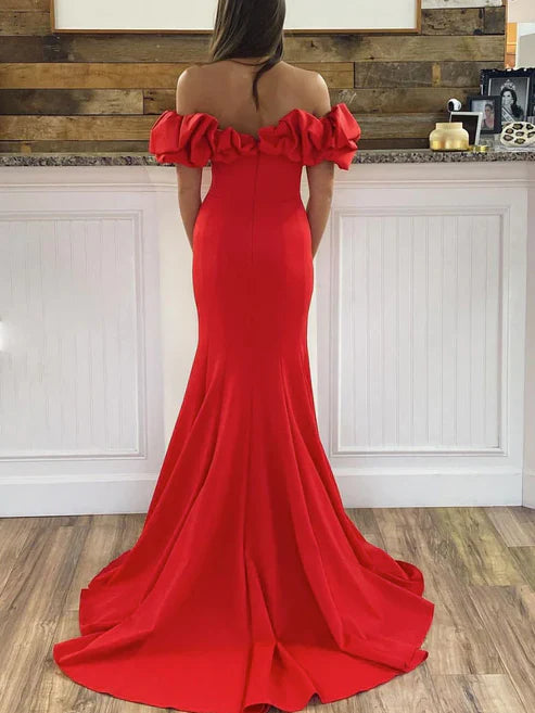 Wholesale Fashion Red Off The Shoulder Mermaid Prom Dress Evening Dress With Slit