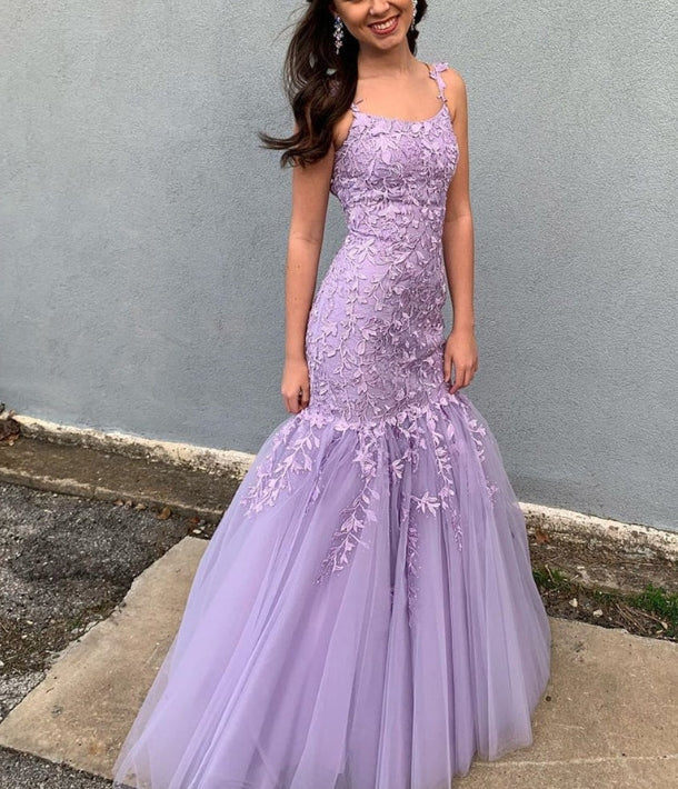 Appliqued Mermaid Prom Dresses Tulle Evening Gowns Floor Length Lilac Sky Blue Beautiful Wholesale