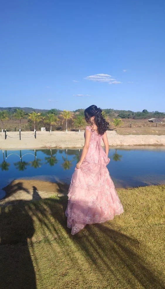 Aimishang Sweet Pink Strapls Lace Tiered Long Prom Dress Evening Gown Charming Wholesale