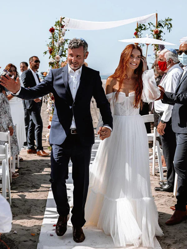 Unique Pleats Lace Long Sleeves Chapel Train A-line Wedding Dresses Off Shoulder Elegant